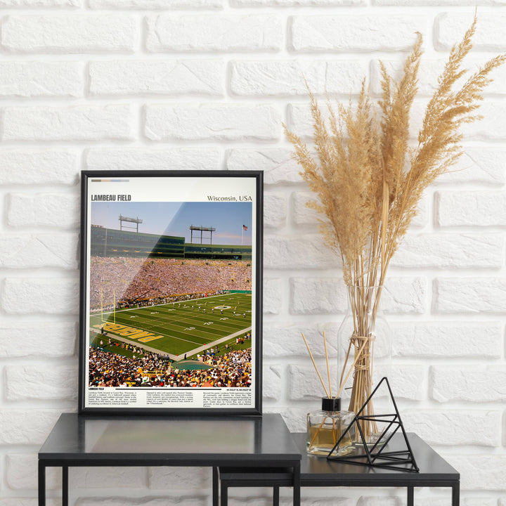 Lambeau Field Art capturing the energy and tradition of the Green Bay Packers’ home field. Perfect for displaying in your living room or office, this NFL Art Print brings the excitement of game day into your home and makes a thoughtful Housewarming Gift.