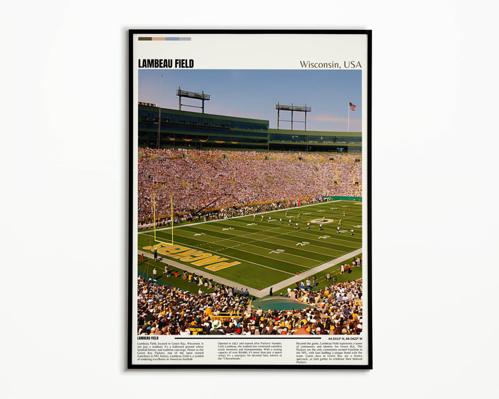 Lambeau Field Print showcasing the iconic home of the Green Bay Packers. This detailed NFL Art captures the spirit of one of the most historic stadiums in football, making it a perfect addition to any sports-themed decor or an ideal Housewarming Gift for fans.