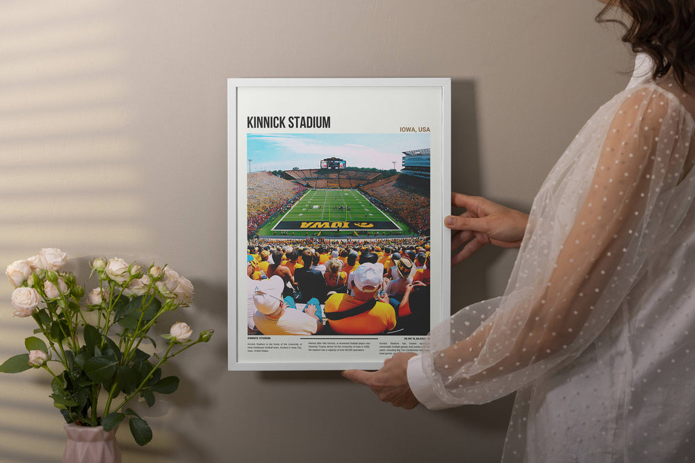Exciting Iowa Hawkeyes football artwork featuring Kinnick Stadium and standout players, a great addition to any Iowa sports fan&#39;s collection.