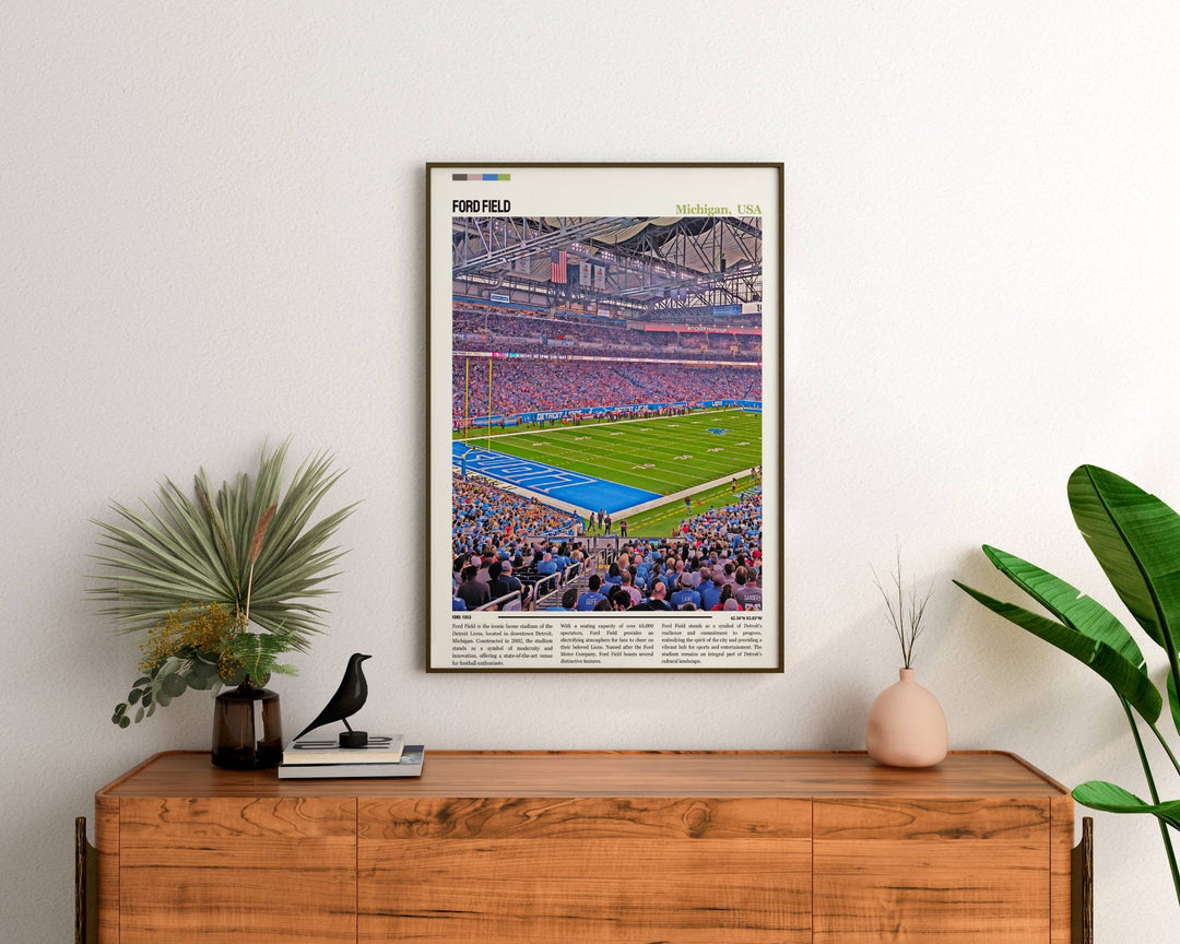 a painting of a tennis match on a wall above a dresser