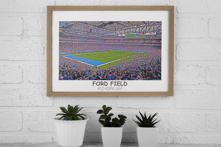Ford Field stadium poster surrounded by Lions-themed gifts, offering fans a glimpse into the heart of Detroit football culture.