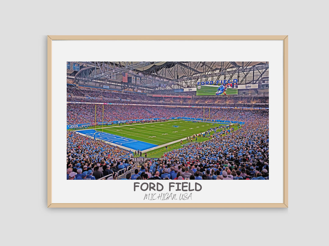 Ford Field stadium poster surrounded by Lions-themed gifts, offering fans a glimpse into the heart of Detroit football culture.