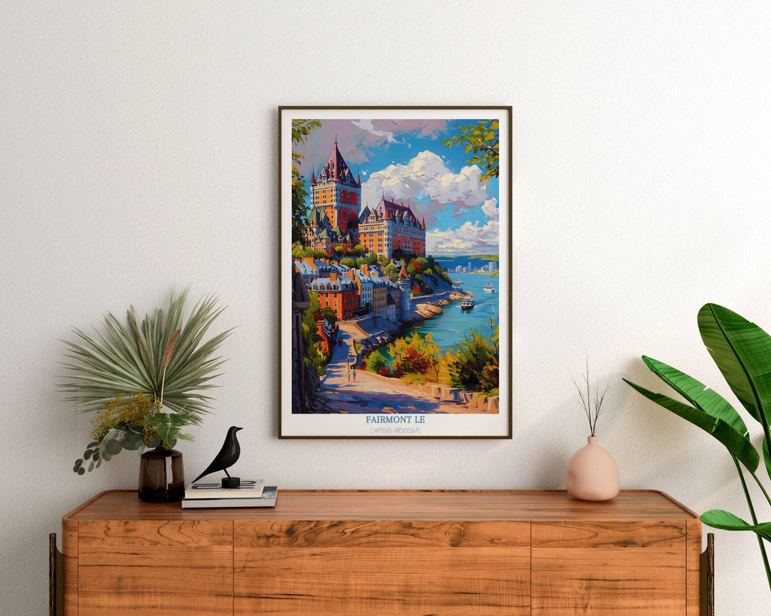 Embrace the charm of Canada with this exquisite oil painting of Fairmont Le Chateau Frontenac. Ideal for wall decor or printable travel art, a perfect housewarming gift.