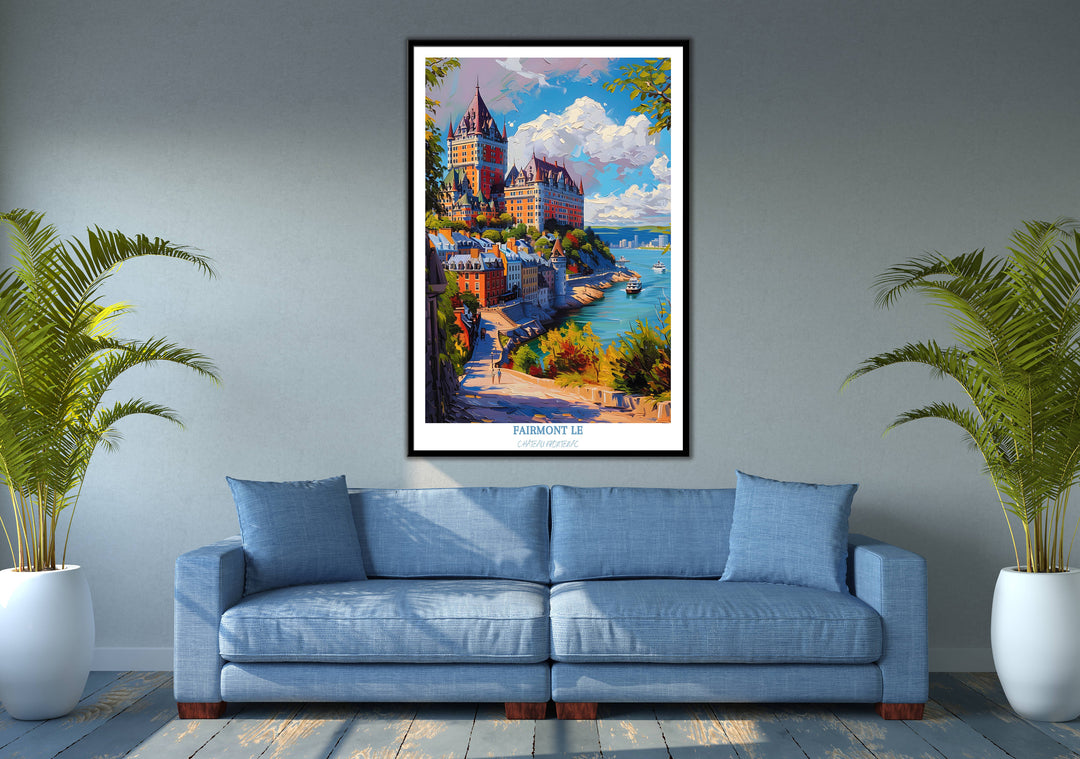 Embrace the charm of Canada with this exquisite oil painting of Fairmont Le Chateau Frontenac. Ideal for wall decor or printable travel art, a perfect housewarming gift.