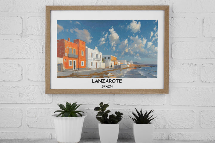 Lanzarote Poster Vibrant artwork showcasing charm of Canary Islands. Ideal decor for Spain lovers.