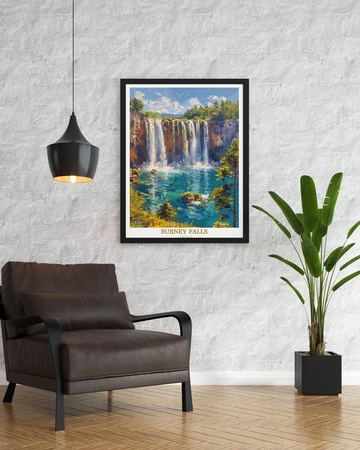 An enchanting print of Burney Falls, evoking the peaceful ambiance of Californias wilderness, making it a great addition to any art collection.