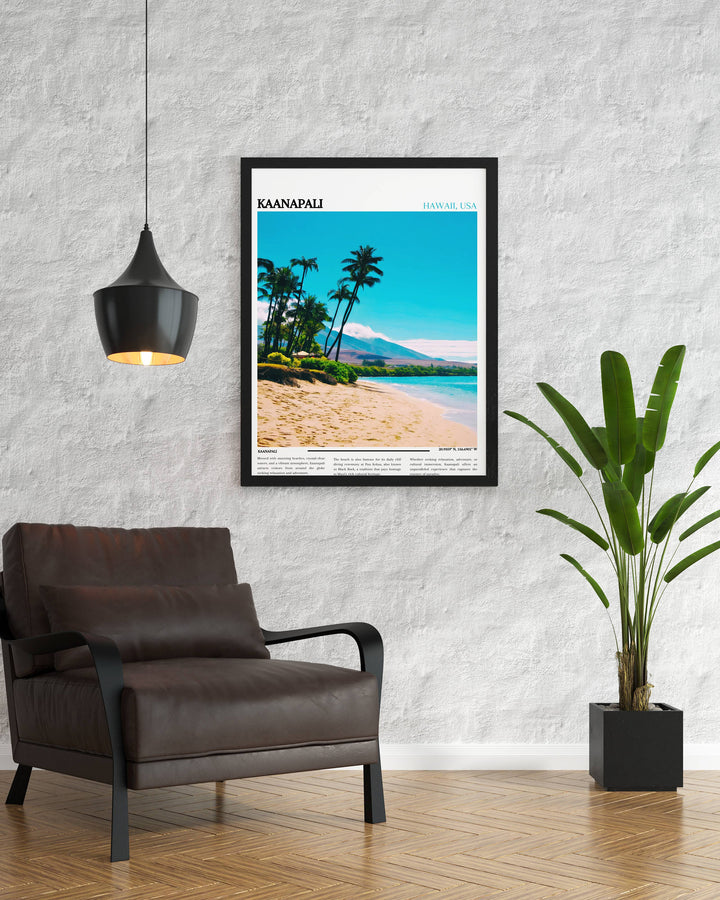 Our Glamorous Kaanapali Travel Print will consistently impact your living space by turning it into a cool and elegant place. Anyone who loves art or traveling would immediately become a big lover of this fantastic artwork.