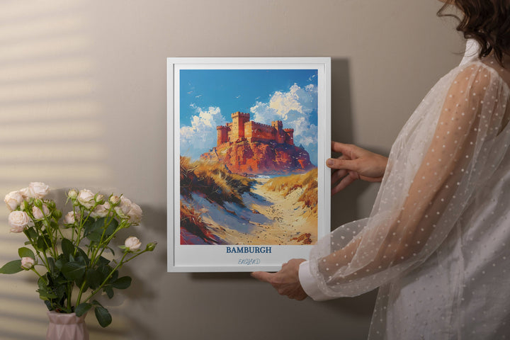 Experience the beauty of Bamburgh, England through this mesmerizing wall decor, a striking UK art poster capturing the essence of English landscapes.