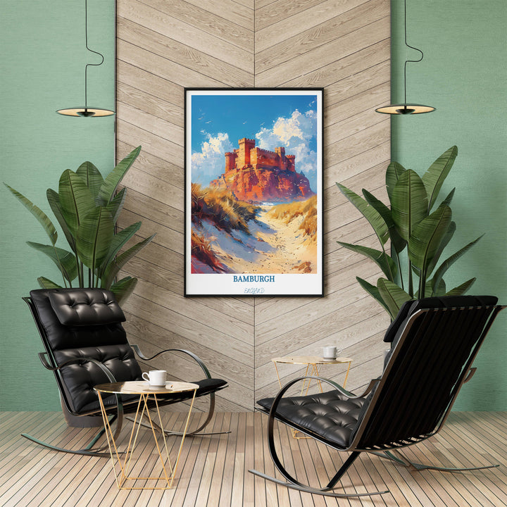 Immerse yourself in the scenic beauty of Bamburgh, England with this captivating wall art, a stunning portrayal of UK landscapes and travel memories.