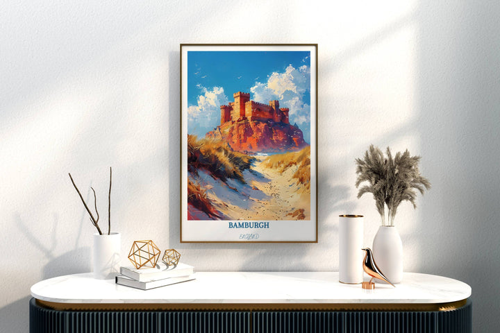 Immerse yourself in the scenic beauty of Bamburgh, England with this captivating wall art, a stunning portrayal of UK landscapes and travel memories.