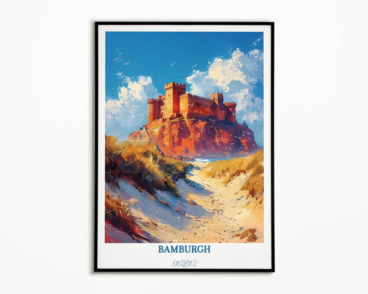 Embrace the nostalgia of Bamburgh, England with this enchanting art print, a perfect gift celebrating the scenic wonders of UK travel and exploration.