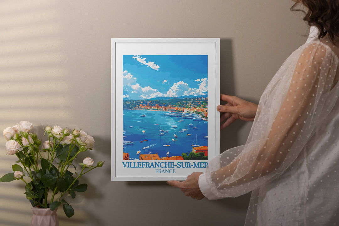 Experience the romance of Villefranche-sur-Mer, captured in this exquisite France art print, ideal for adorning your walls or gifting to a friend.