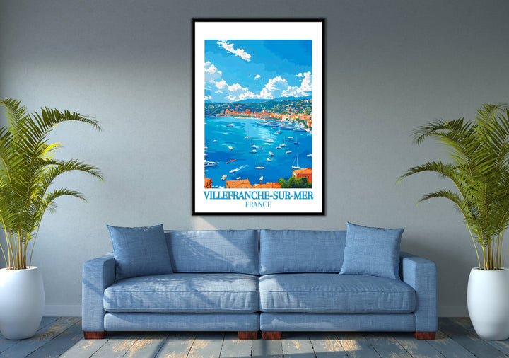 Celebrate the splendor of France with this elegant travel print showcasing the beauty of Villefranche-sur-Mer, a gem on the French Riviera.