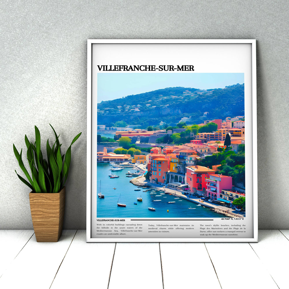 Captivate your guests with the allure of Villefranche-sur-Mer, depicted in this stunning France travel print, an elegant addition to any decor.