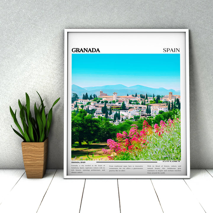 Bring the charm of Granada into your space with this elegant Spain art print, showcasing Spanish architecture and culture.