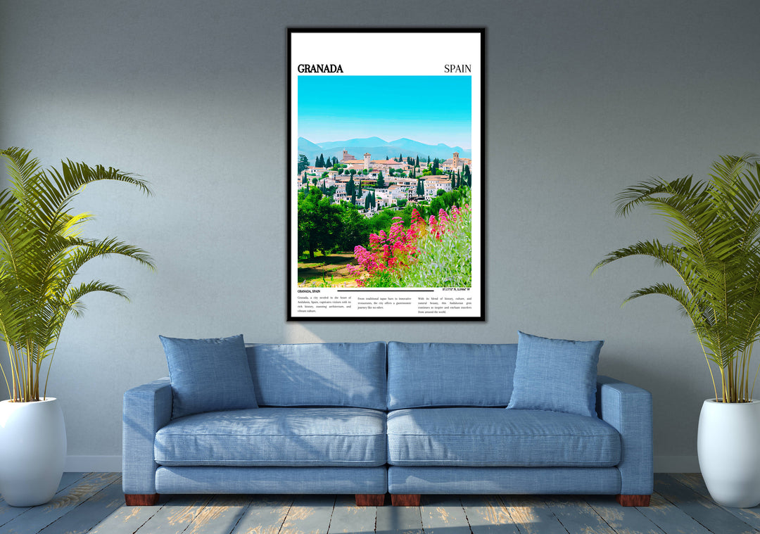 Elevate your decor with a touch of Spanish flair using this Granada travel poster, highlighting the citys unique charm.