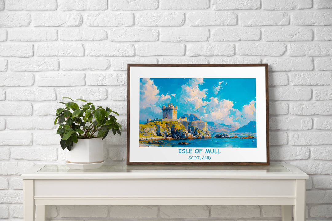 Captivating wall art featuring Duart Castle, an iconic landmark of Isle of Mull. Perfect for adding a touch of Scottish charm to your home or office decor. Ideal gift for Scotland enthusiasts.