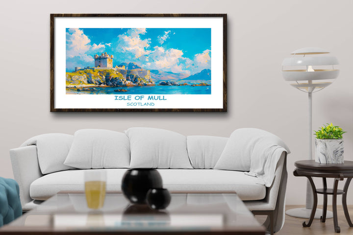 Duart Castle depicted in this captivating Scotland poster. Perfect for adding a touch of Scottish heritage to your home or office decor. Ideal gift for Scotland enthusiasts or anyone who loves Mull.