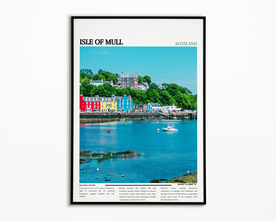 Tranquil Tombermory scene depicted in this vibrant Scotland poster. Perfect for adding a pop of color to your home or office decor. Ideal gift for those who appreciate the charm of Mull.