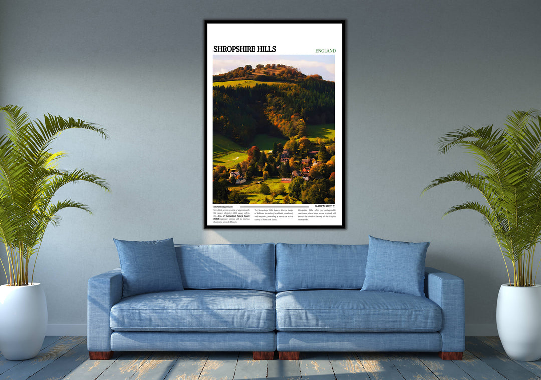 Charming Shropshire scenery print highlighting The Long Mynd, The Stiperstones, and Ludlow Castle. Perfect for UK rooms.