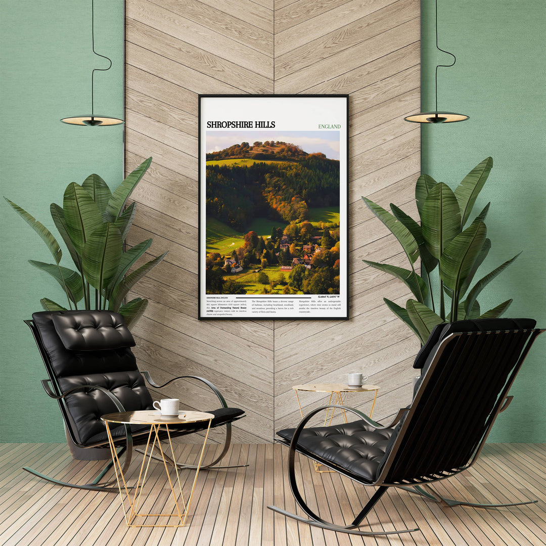 Charming Shropshire scenery print highlighting The Long Mynd, The Stiperstones, and Ludlow Castle. Perfect for UK rooms.