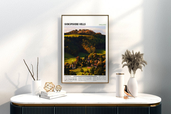 Charming Shropshire scenery print highlighting The Long Mynd, The Stiperstones, and Ludlow Castle. Perfect for UK rooms.