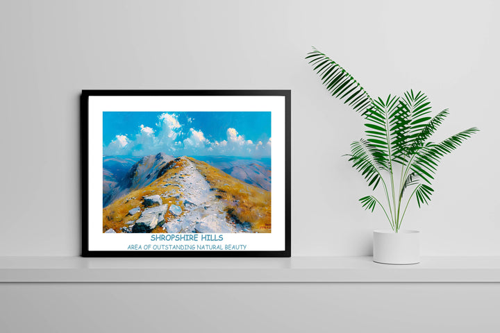 Mesmerizing Shropshire landscape print showcasing The Long Mynd, The Stiperstones, and Ludlow Castle. Perfect for UK lovers.