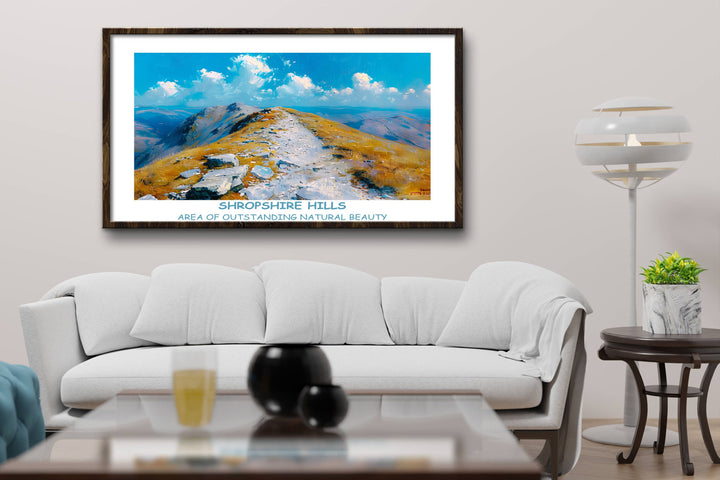 Mesmerizing Shropshire landscape print showcasing The Long Mynd, The Stiperstones, and Ludlow Castle. Perfect for UK lovers.