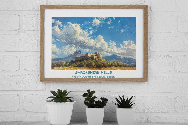 Whimsical Shropshire landscape print with The Long Mynd, The Stiperstones, and Ludlow Castle. Perfect for UK lovers