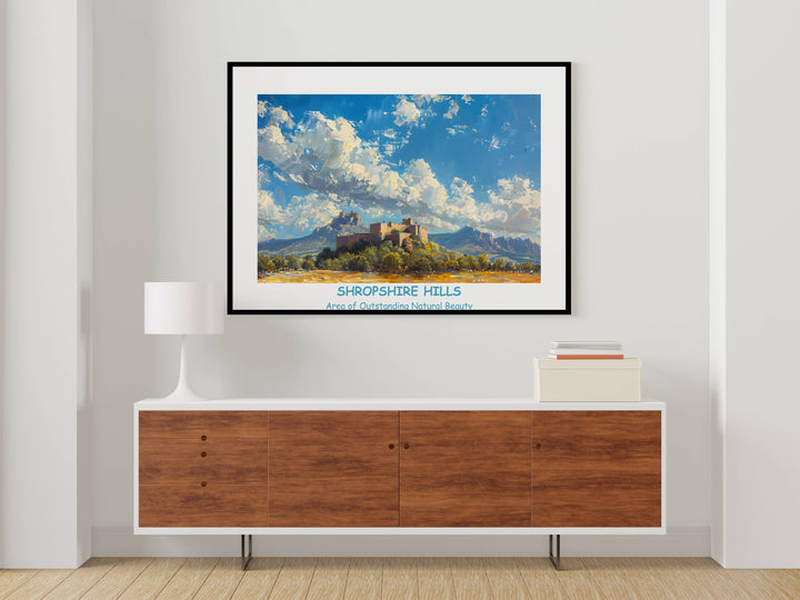 Whimsical Shropshire landscape print with The Long Mynd, The Stiperstones, and Ludlow Castle. Perfect for UK lovers