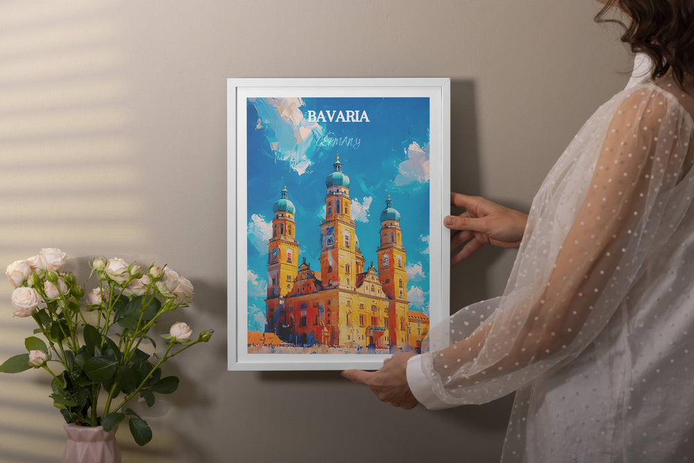 Vivid Bavaria print with Neuschwanstein Castle and Marienplatz. Ideal home decor or Bavarian gift for Germany travel enthusiasts.