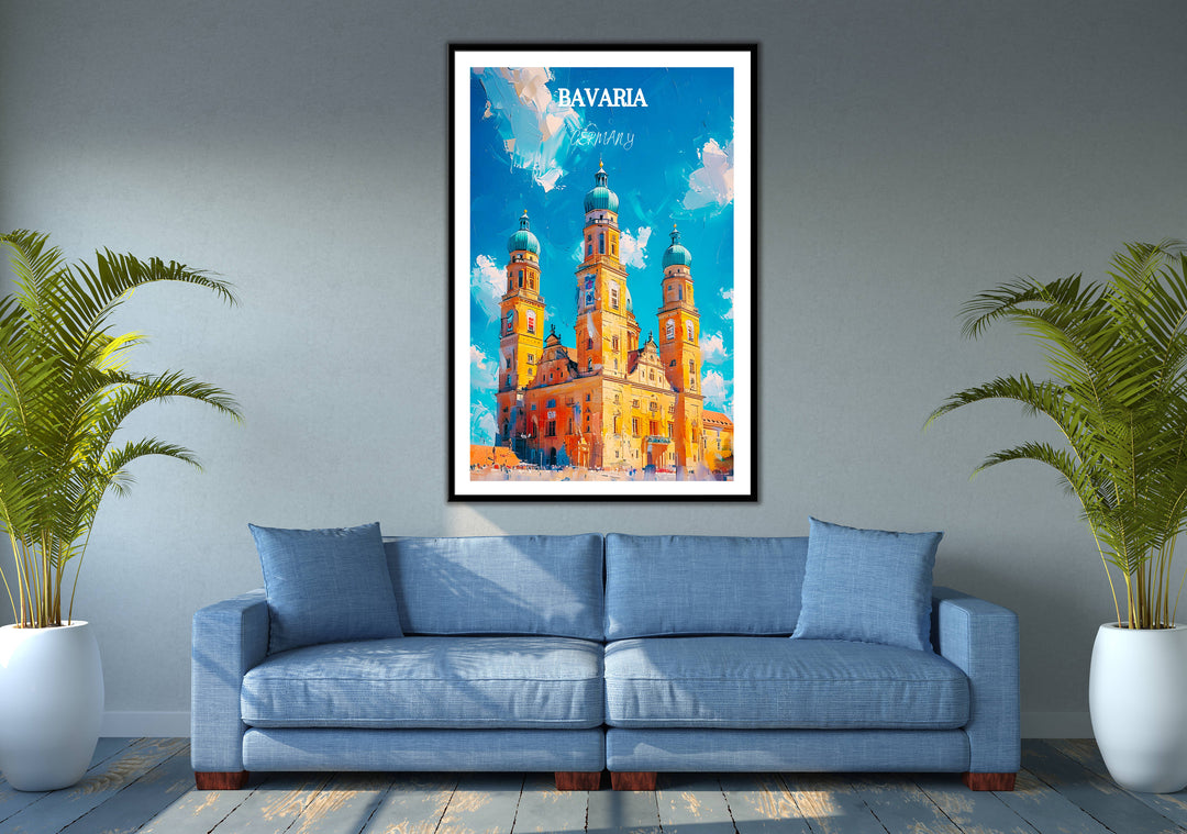 Bavaria travel illustration featuring Marienplatz and Neues Rathaus. Perfect housewarming gift or Germany home decor accent.