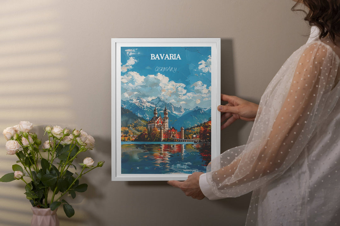 Bavarian Alps illustration featuring Marienplatz and Neues Rathaus. Great Germany travel souvenir or home decor accent.
