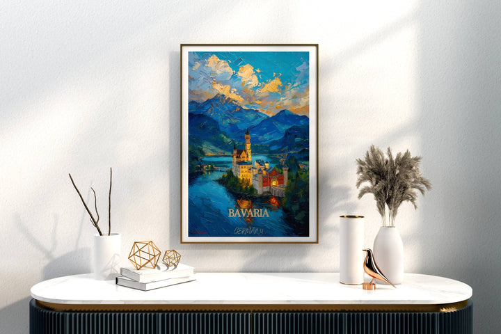 Bavarian Alps illustration with Neuschwanstein Castle and Marienplatz. Great Germany travel souvenir or home decor piece.