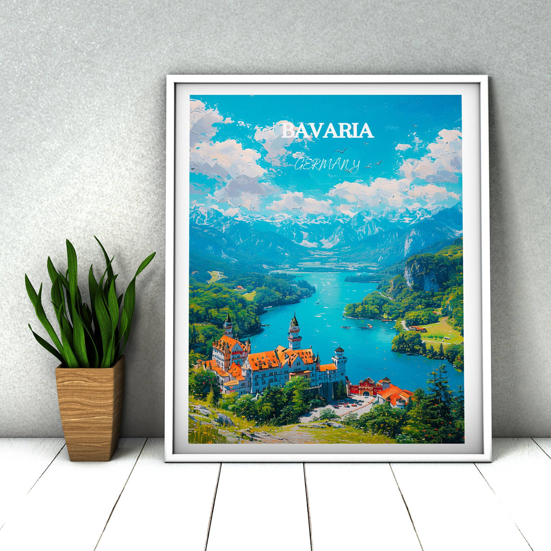 Bavarian Alps illustration capturing Bavarian Alps and Neuschwanstein Castle. Great Germany travel memento or home decor piece.