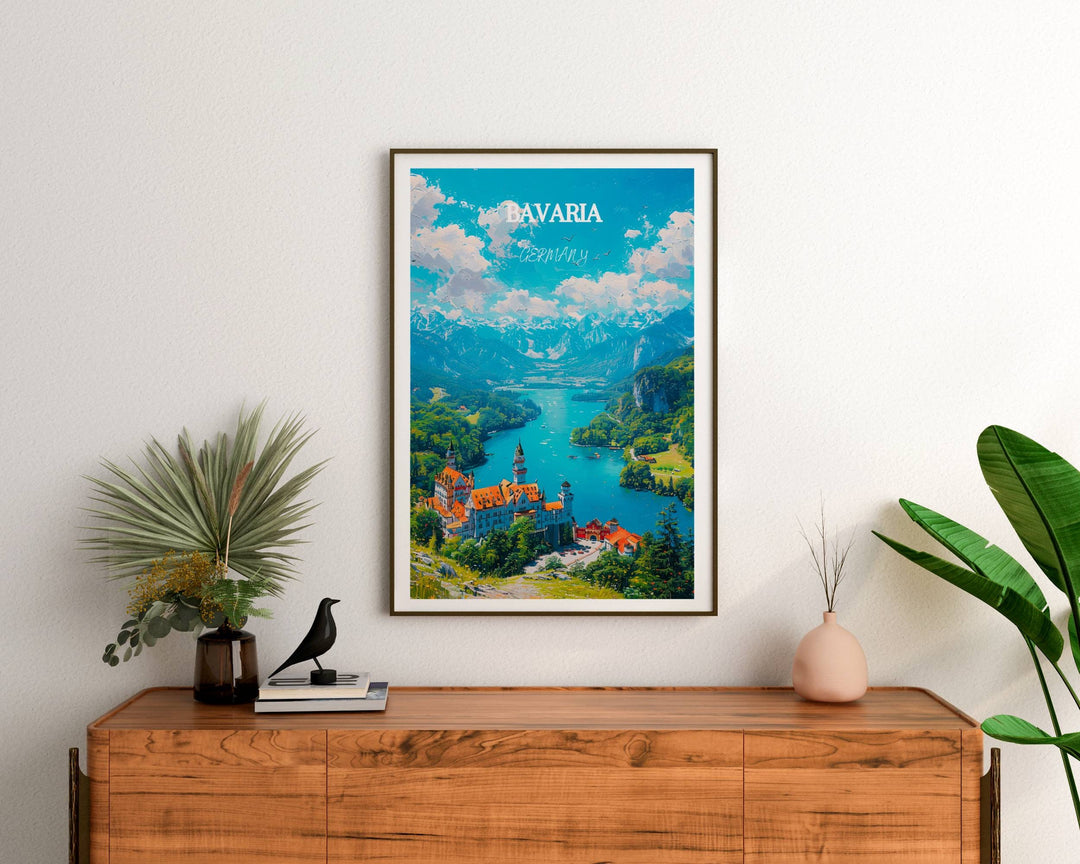 Bavarian Alps illustration capturing Bavarian Alps and Neuschwanstein Castle. Great Germany travel memento or home decor piece.