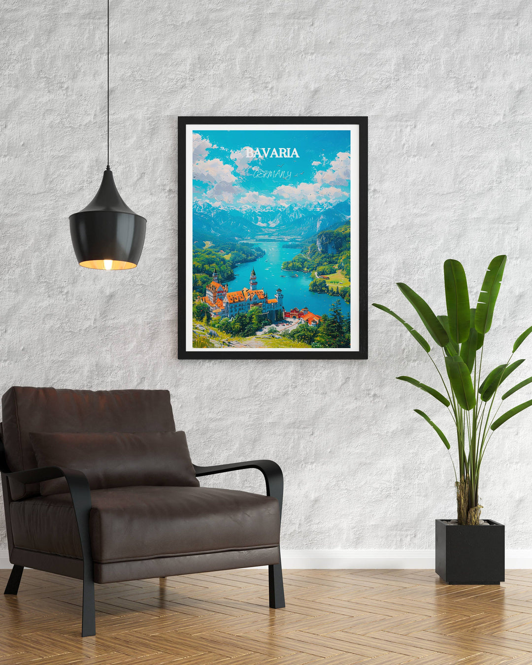 Germany travel illustration featuring Bavarian Alps and Neuschwanstein Castle. Perfect souvenir or home decor accent.