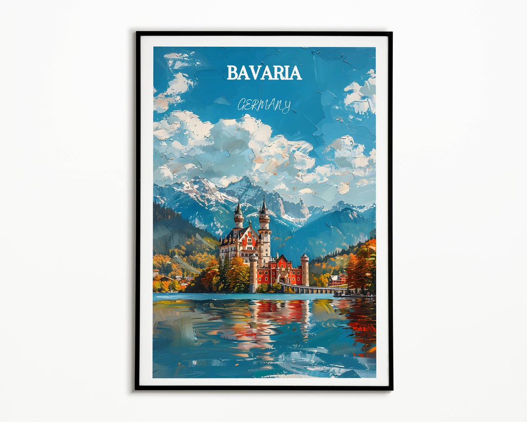 Bavarian Alps illustration featuring Marienplatz and Neues Rathaus. Great Germany travel souvenir or home decor accent.