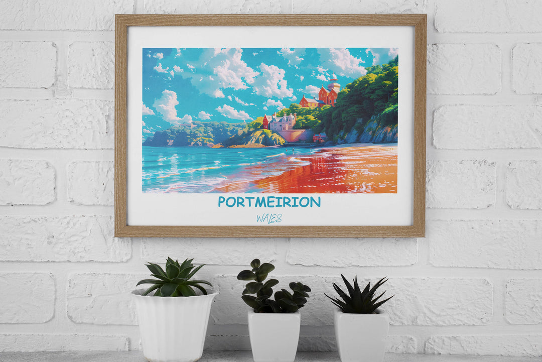 Artistic rendering of Portmeirion, Wales, capturing its essence in exquisite detail. A delightful addition to any space, evoking the beauty of Welsh villages.