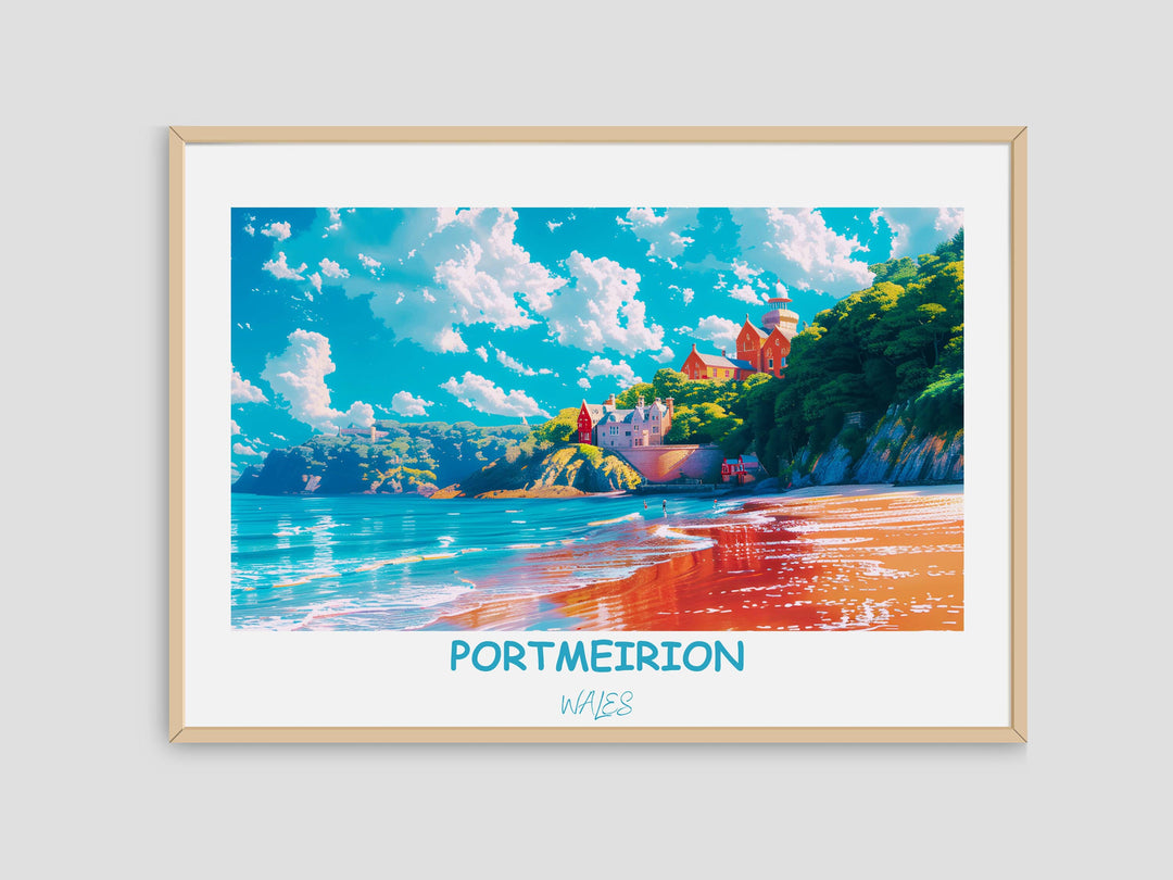 Whimsical depiction of Portmeirion, Wales, offering a glimpse into its timeless charm. An enchanting piece of Welsh art, perfect for gifting or decorating