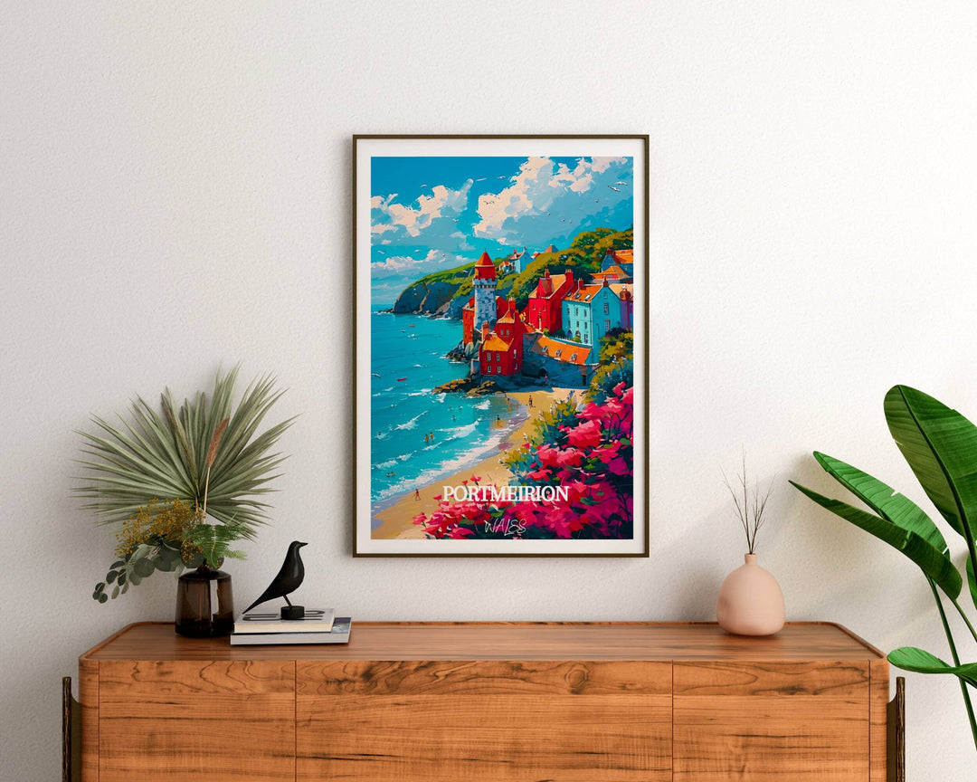 Detailed artwork capturing the essence of Portmeirion, Wales, a delightful addition to any space, reflecting the picturesque beauty of Welsh villages.