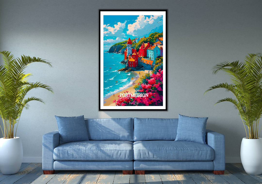 Vivid portrayal of Portmeirion, Wales, offering a glimpse into its captivating atmosphere. A perfect gift or wall decor, celebrating the charm of Welsh culture.