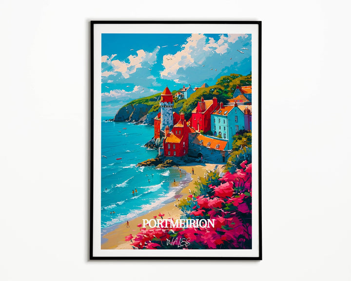 Charming portrayal of Portmeirion, Wales, celebrating its unique allure. A wonderful housewarming gift or wall decor, echoing the beauty of Welsh landscapes.
