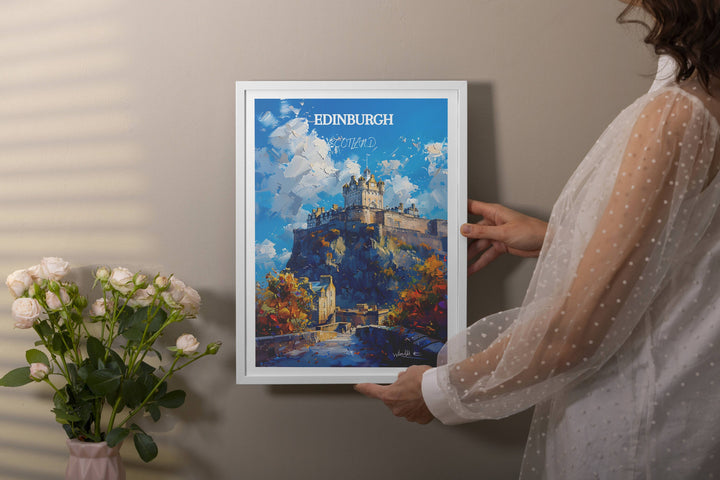 a woman holding up a picture of a castle