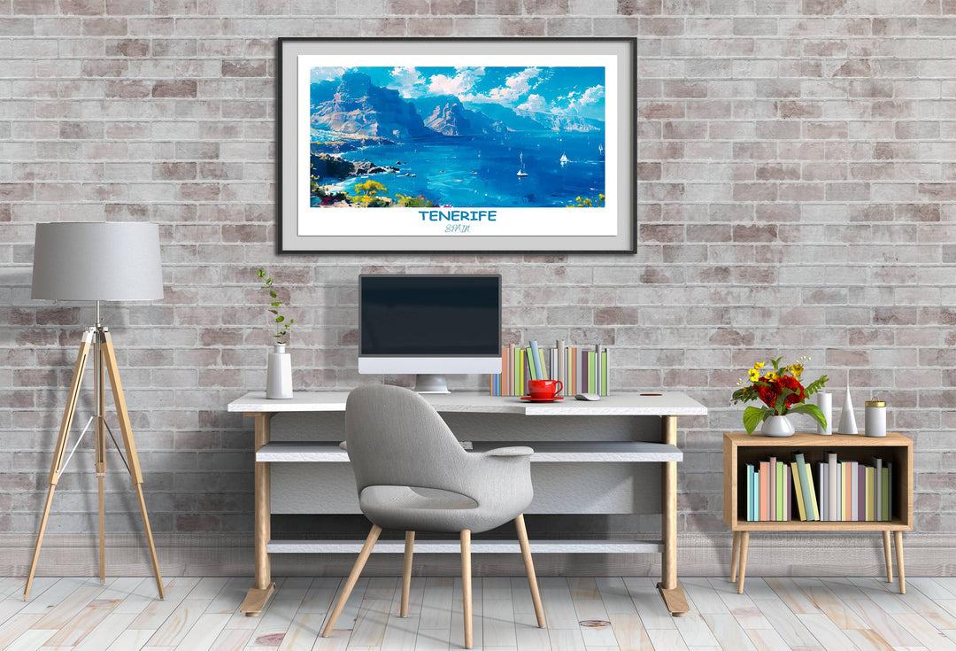Experience the magic of Tenerife with this captivating Los Gigantes Cliffs travel poster. Perfect for Tenerife and Spain inspired decor.