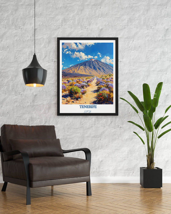 Bring the essence of Tenerifes Teide National Park into your space with this enchanting travel poster. An ideal gift for enthusiasts of Tenerife and Spain