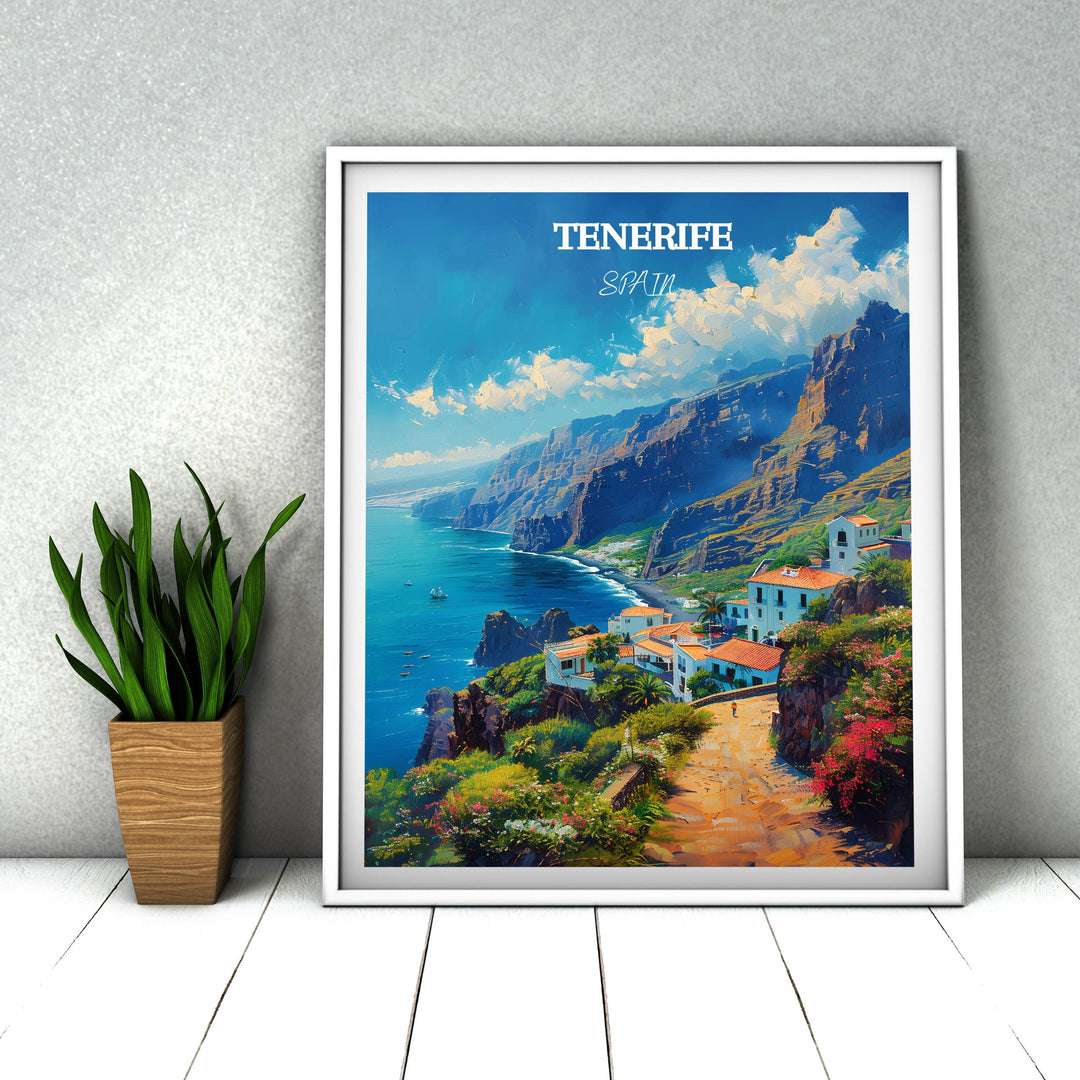 Immerse yourself in the beauty of Tenerife with this mesmerizing Los Gigantes Cliffs artwork. A thoughtful gift for admirers of Tenerife and Spain