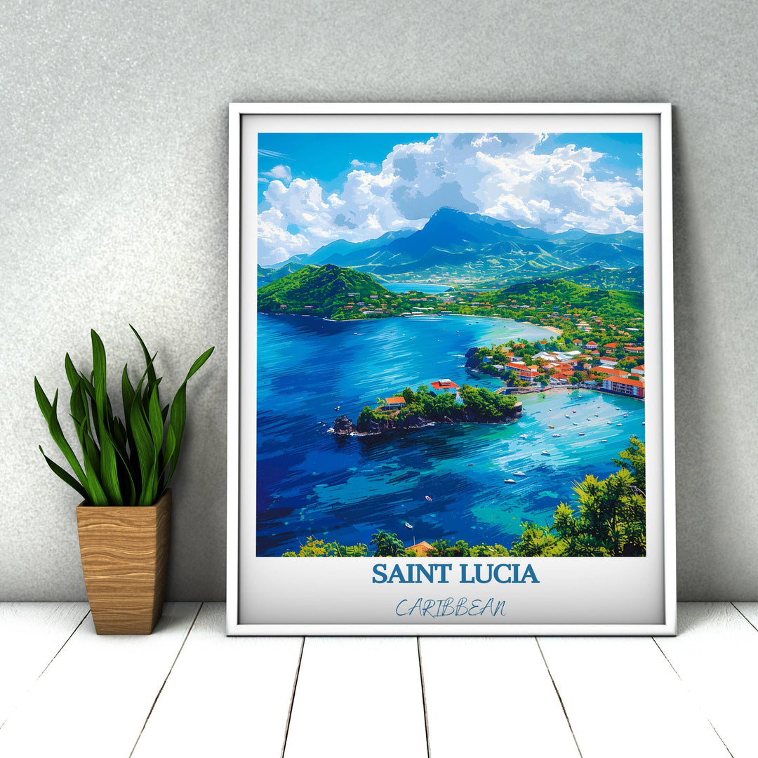 Saint Lucia-themed wall art offers Caribbean elegance. Ideal for decor or gifting, this print brings tropical charm home