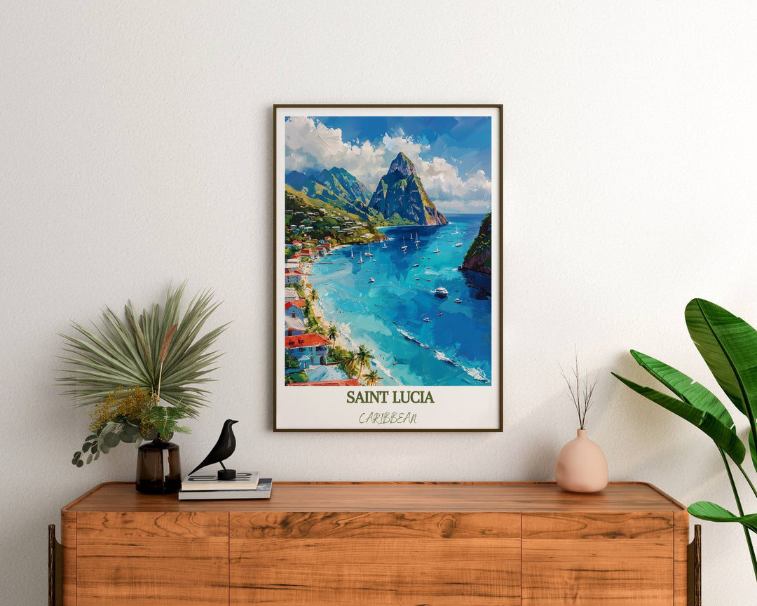 Embrace Saint Lucia&#39;s charm with Caribbean-inspired decor. Elevate your space with this vibrant Caribbean print