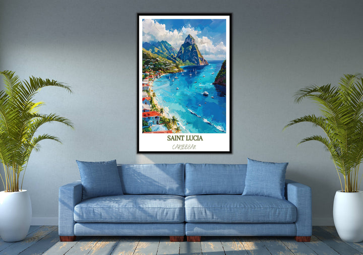 Embrace Saint Lucia&#39;s charm with Caribbean-inspired decor. Elevate your space with this vibrant Caribbean print